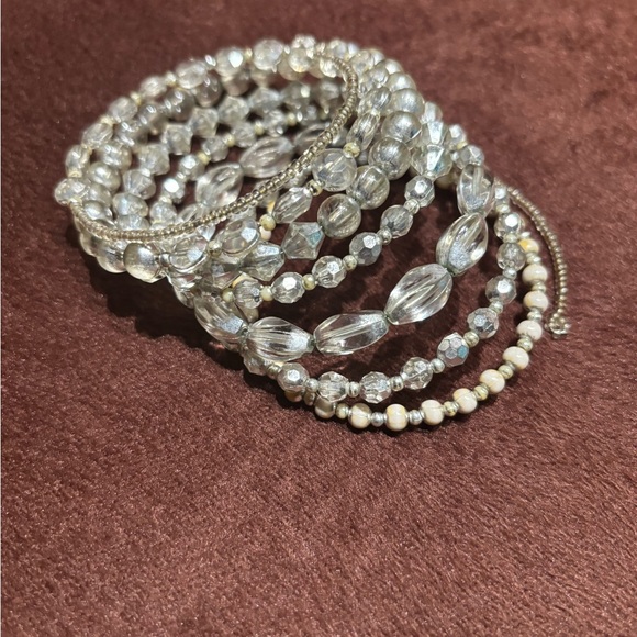 Silver/Tan Women's Shimmery Seven Row Beaded Spiral Bracelet - Picture 13 of 14